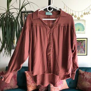 J JORDAN size S Oversized Muted Brick Red Button Front Hi-Lo Dolman Sleeve Top